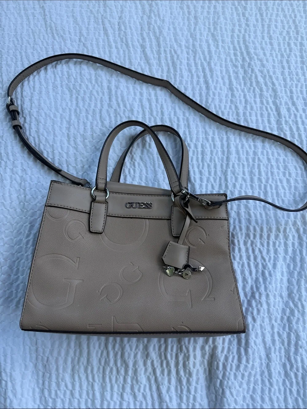 GUESS Taupe Embossed Logo Satchel with Charm